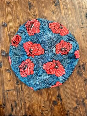 Blue Floral Satin Lined Bonnet with Red Poppy Print